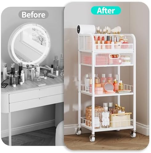 HapiRm Makeup Organizer Storage Cart - Floor Skincare Make Up Organizers with 4 Drawers, Rolling Makeup Cart Vanity Organizer Cosmetics Display Cases Holder for Skin Care Nail Polish White+Wood - Image 3