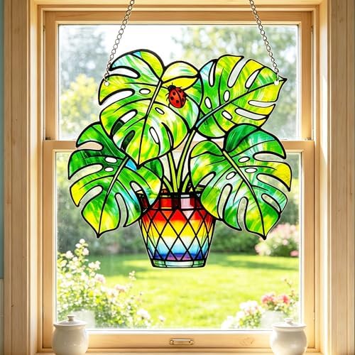 Plant Suncatcher Glass, Stained Glass Suncatcher Plant Window Hanging, Unique Nature Lover Gifts Leaf (Monstera) - Image 6