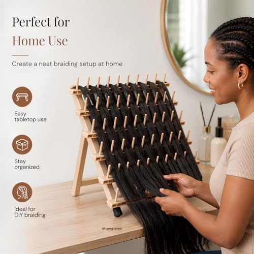60-Peg Braiding Hair Rack, Foldable Hair Extension Holder, Natural Beige - Image 5