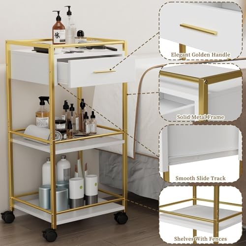 Salon Trolley Cart with Wheels, 3 Shelves & 1 Drawer, Mobile Hair Stylist Station for Tools Storage, Rolling Organizer Cart for Barber & Tattoo Supplies, Durable, Sturdy & Easy to Move - Image 4