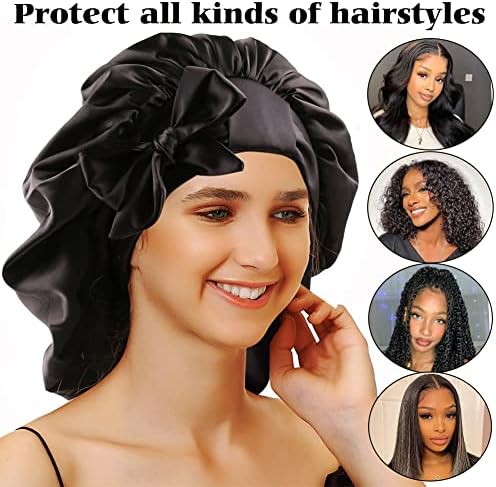 Large Round Satin Bonnet Sleep Cap for Women, Double-Layer Silky Hair Bonnet with Tie Band for Braids/Curly/Long Hair - Black - Image 3