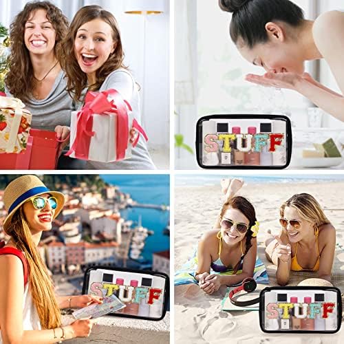 Iqimott Clear Patch Makeup Bag Stuff Pouch, Preppy Personalized Chenille Letter Cosmetic Pouch for Travel, Nylon Waterproof Organizer Travel Essentials Zipper Toiletry Bags for Women Girls(Black) - Image 6