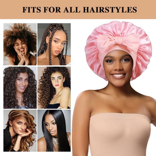 2+3 Large Satin Bonnets with Scrunchies for Women, Hair Bonnet Sleeping Tie Bonnet for Braids Curly Hair - Image 4