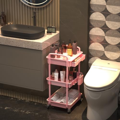 REBECAT 3 Tier Rolling Makeup Cart Cosmetic Display Organizer with Drawer - Image 7