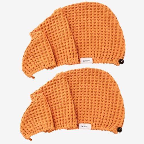 Luxury Organic Japanese Cotton Hair Drying Waffle Towel Wrap for Women | Absorbent, Quick-Dry Head Turban for Shower, Sauna, Spa | Extra Large for Long, Curly, Straight Hair With Button (Orange, 2 Pc) by KOSMU