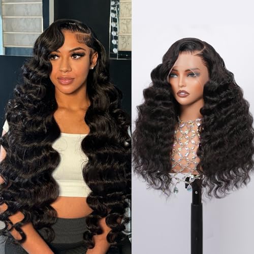 FASHION PLUS Real Full Lace Wig Human Hair Loose Wave Human Hair Wigs,15A Grade 200% Density Pre Plucked Virgin Human Hair with Baby Hair, Loose Wave Full Lace Frontal Wigs,100% Hand-tied, 26Inch by FASHIONPLUS