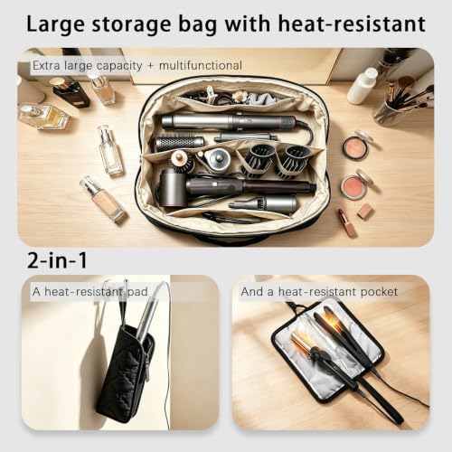 Hair Tools Travel Bag 5-Piece Set with Heat Resistant Mat Insulated Pouch and 2 Cord Straps, Large Fabric Organizer for Hot Brush Curling Iron Flat Iron Hair Dryer, Available in Black - Image 2