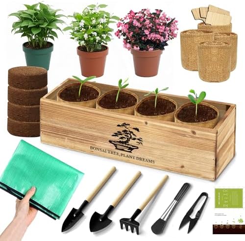 Premium Bonsai Kit,Complete Bonsai Starter Kit with Wooden Gift Box,repotting mat, Burlap Pots & Gardening Tools, DIY Bonsai Plant Set for Adults & Beginners (Seeds Excluded)Birthday Thanksgiving gift by WNJ