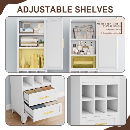 Tall Metal Narrow Storage Cabinet 67" H with 2 Drawer,White Kitchen Pantry Cabinets with 2 Adjustable Shelves and Door,Cuby Storage Orgainzer,Tall Bathroom Cabinet for Kitchen, Home Office,Dining Room - Image 4