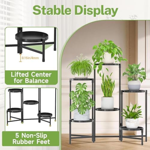 6 Tier Large Plant Stand with Grow Light, 10 Inch Tray, Black - Image 6