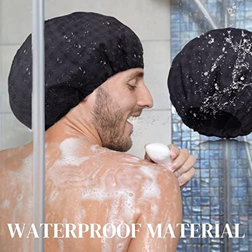 Shower Cap for Men Black Bath Cap, Reversible Large Waterproof Adjustable Shower Caps Terry Lining & Elastic Band Stretch Hem Hair Hat - Image 3