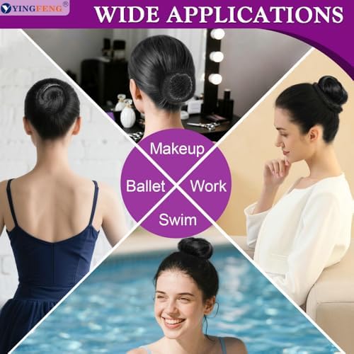 YINGFENG 134 Pcs Black Hair Bun Maker Kit Medium - 4 Bun Hair Pieces for Women, 20 Hair Net for Buns, 100 Bobby Pins for Women, 10 Hair Bands, for Ballet Styling, Hair Accessories for Girls - Image 2