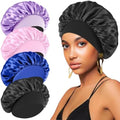 4PCS Silk Bonnet for Sleeping - Satin Bonnets for Black Women & Men, Elastic Wide Band Hair Wrap Cap for Curly Hair, Shower Cap (Black, Sapphire Blue, Pink, Purple) by FIRSTPELLA