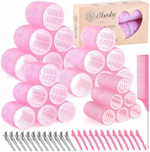 obeoby 4 Sizes Hair Rollers for Women Self-Grip Curlers Set, Pink Star by obeobyhairaccessories
