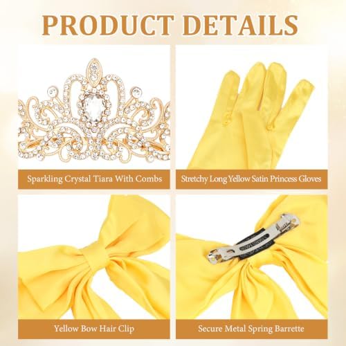 Princess Costume Accessories Crown Rose Hair Bow Yellow Gloves Kit - Image 3