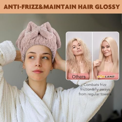 SUNLAND Large Microfiber Hair Drying Caps with Bow Knot 2 Pack Brown - Image 3