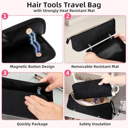 Veirdro Hair Tools Travel Bag with Heat Resistant Mat, Portable Hair Tool Organizer Travel Carrying Case for Straightener, Flat Iron, Curling Iron, Hair Dryer& Hair Styling Accessories Women (Black) - Image 2