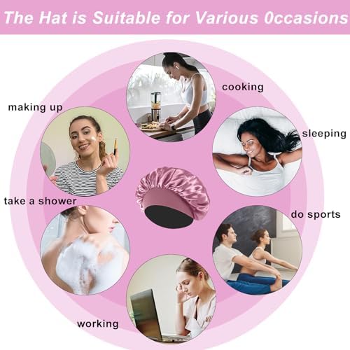 FIRSTPELLA 4PCS Silk Satin Bonnets for Black Women & Men - Elastic Wide Band Hair Wrap Cap for Curly Hair - Shower Cap for Sleeping (Black & Bean Paste Pink & Purple & Brown) - Image 6