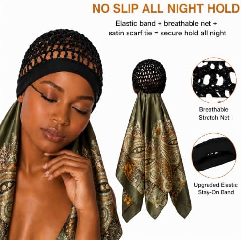 2 in 1 Wrap Cap Hair Net and Scarf for Silk Press, Satin Wrap Cap Bonnet for Women, Adjustable Stay-On Sleep Hair Net Scarf for All Hair Types (Green, One Size) - Image 2