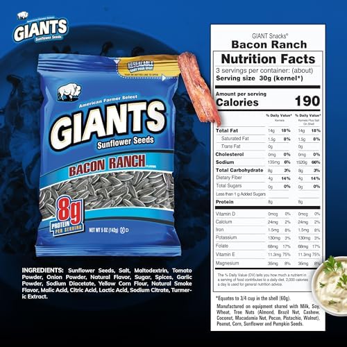 GIANTS Bacon Ranch Sunflower Seeds - Sunflower Seeds Bulk, Flavored Sunflower Seed Snack, Roasted Sunflower Seeds to Eat - 5 oz Resealable Bags (Pack of 3) - Image 2