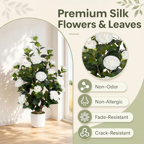 2 Pack 3FT Artificial Camellia Trees with White Flowers - Image 4