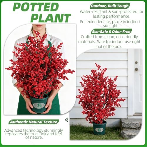 33 Inch Tall Artificial Red Berry Potted Plant, Christmas Faux Berry Bush Floor Decoration for Front Porch, Entryway, Living Room & Fireplace Farmhouse Indoor Decor - Image 4