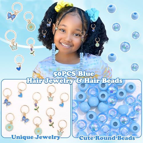 NAISKA 50PCS Blue Beads for Hair Flower Loc Jewelry 5 Styles Hair Charms Heart Butterfly Dreadlock Jewelry Braids Clips Lovely Loc Accessories for Kids Girls - Image 2