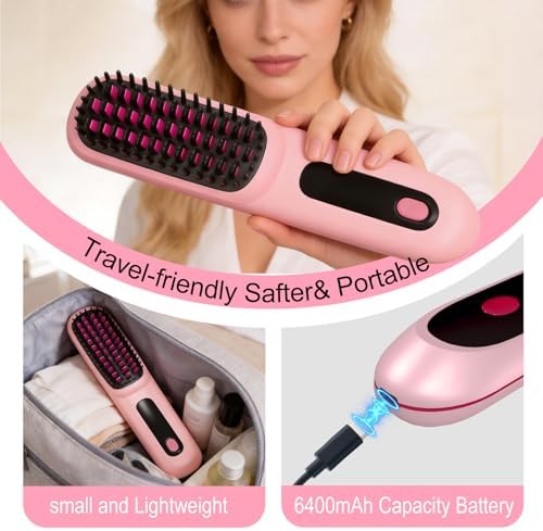 Go Brush Pro for Short Hair 2026, Portable Straightener Brushs for Travel, with LCD Temperature Display, Fast Heating Cordless Mini Hair Brushs(Pink) - Image 5