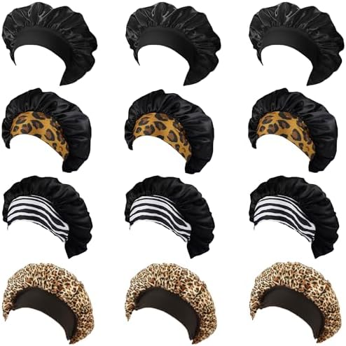 12 Pieces Silk Bonnet for Women Curly Hair Satin Bonnet Hair Wrap for Sleeping Cap with Tie Band (Leopard) by PODALOA
