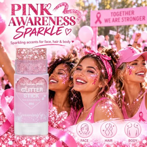 Pink Hair Glitter Stick,Cheer Body Face Glitter,Waterproof Pink Out Accessories for Spirit Week,Singer Concert Music Festival Halloween Shimmer Holographic Makeup Body Paint - Image 2