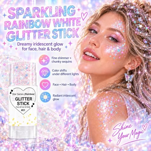 Rainbow White Hair Glitter Stick for Kids, Face Body Glitter Stick for Halloween Mermaid Fairy Costume Makeup, Chunky Sequins Rave Outfit for Women, Mardi Gras Accessories, Cheer Concert Cosplay - Image 2