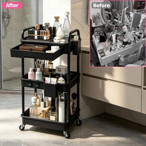 REBECAT 3 Tier Rolling Makeup Cart Cosmetic Display Organizer with Drawer - Image 7
