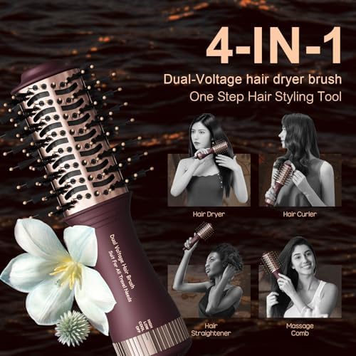 Travel Dual Voltage Hair Dryer Brush 4-in-1 Portable Mini Hot Air Blow Dryer Straightener & Curler Brush, Automático Doble Voltaje Cepillo Secador De Cabello 110~240V US/EU/UK -Blackcurrant Rose Gold - Image 5
