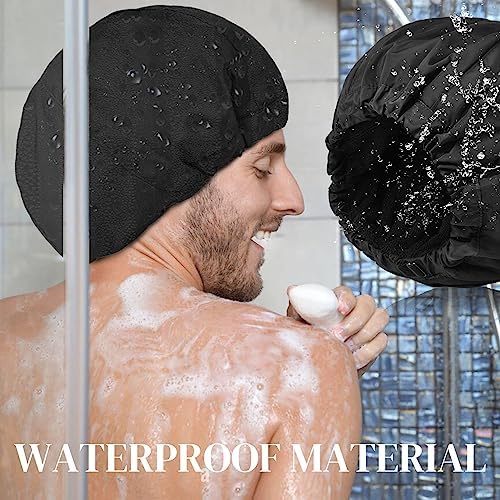 Shower Cap for Men Black Bath Cap, Reversible Terry Lined Large Waterproof Adjustable Shower Caps Elastic Band Stretch Hem Hair Hat for braids - Image 3