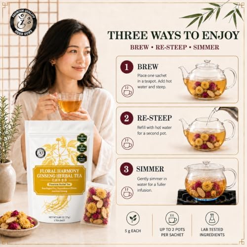 Herb Guru Herbal Tea, Floral Harmony Rose & Ginseng, 5 Bags (50 Cups) - Image 7