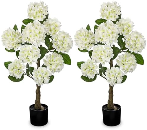 3FT White Hydrangea Artificial Flowers Tree Large Real Touch Faux Silk Hydrangea Plants Potted Fake Flower in Black Pot for Home Indoor Outdoor Front Porch Garden Entrance Living Room Decor, 2 Pack by Hollyone
