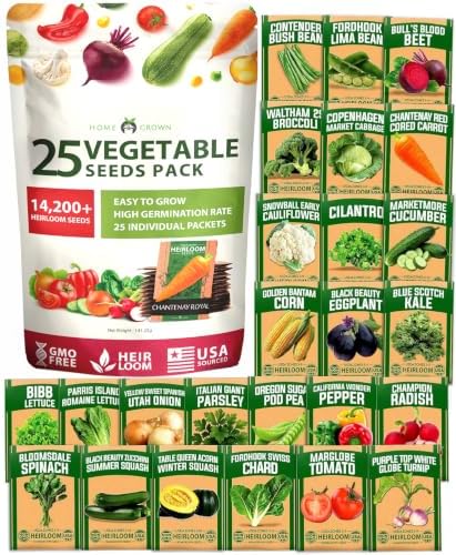 HOME GROWN 25 Variety Survival Seed Vault 14,200+ Heirloom Non-GMO Vegetable Seeds for Planting, High Germination, Family Garden Starter Kit, Tomatoes, Peppers, Carrots, Beans, Kale, Indoor Outdoor by HOMEGROWN
