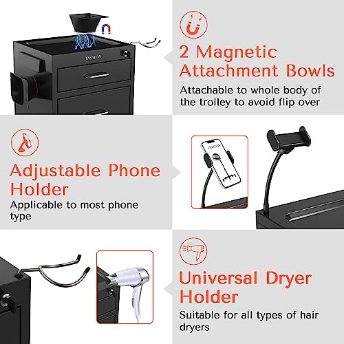TASALON Wheeled Lockable Metal Salon Cart with Drawers & 2 Magnetic Bowls - Image 4