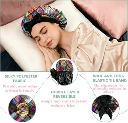Satin Hair Braid Bonnet for Sleeping Double Layer Tie Band Elastic Wide Soft Silk Lined Nightcap Women Girls Cute - Image 3