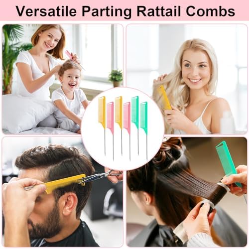 6 PCS Rat Tail Hair Parting Combs - Steel Pin Rat Tail Teasing Fine Tooth Comb Set for Women,Rattail Styling Metal Comb with Stainless Steel Pintail,Carbon Heat Resistant Comb for Curly Braiding Hair - Image 5