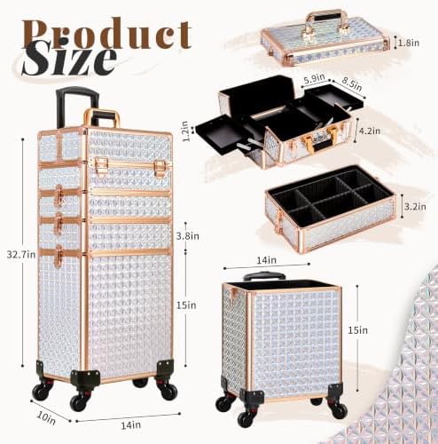 AROUS 5 in 1 Rolling Makeup Train Case with Lid Cosmetology Case on Wheels - Image 3