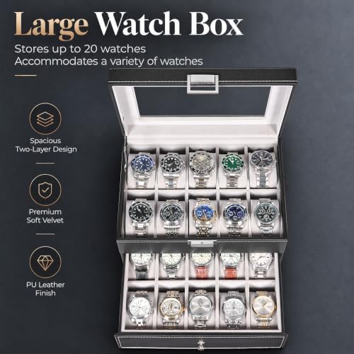 BEWISHOME Watch Case, 20-Slot Watch Box Organizer with Large Glass Lid - Image 6