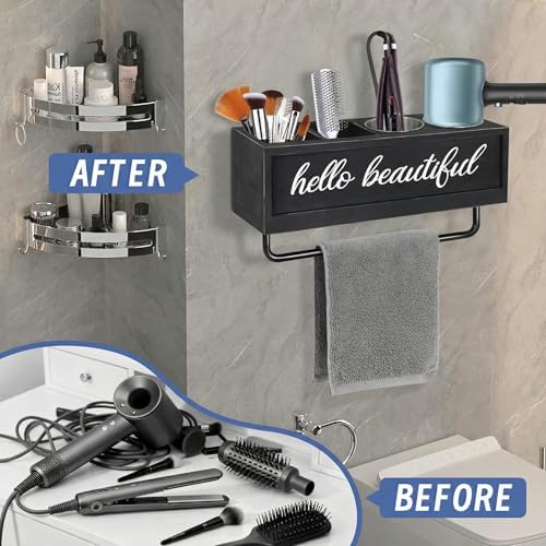 Hair Dryer Holder Wall Mounted, Hair Tools and Styling Organizer with Towel Bar, Farmhouse Beauty Hair Appliance Holder for Flat Iron, Curling Wand, Towel Rack (Black) - Image 5