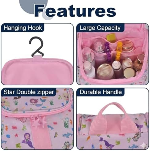 Remobia Hicol Cute Cartoon Hanging Kids Toiletry Bag Children Travel Cosmetic Makeup Organizer Wash Bag Shower bag Over Night Bag Camping Shaving Kit Bag for Boys & Girls (Mermaid Pink) - Image 3