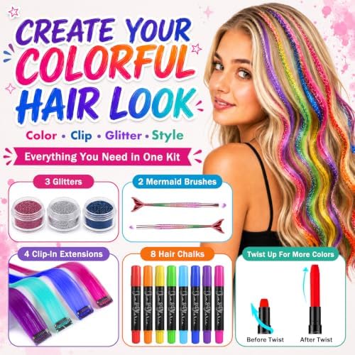 Jim&Gloria Dustless Hair Chalk for Girls Washable with Clip in Hair Extensions, Brushes and Glitters, Temporary Color Dye, Gifts for Teen Girl Trendy Stuff, Teenage 7 8 9 10 11 12 13 14 Year Old - Image 2