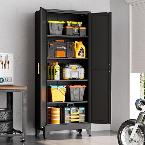 71" Black Metal Storage Cabinet with 2 Doors and 4 Adjustable Shelves,Steel Garage Tool Cabinet, File Cabinet,Kitchen Pantry Cabinet for Home,Office,Garage,School,Warehouse - Image 2