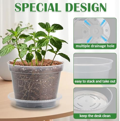 9 Pack 8/7/6 Inch Clear Nursery Pots for Plants with Saucer, Transparent Plastic Plant Pots with Drainage Holes, Sturdy Seedling Starter Pot, Garden Planter Pot for Succulents Flowers Herb Vegetables - Image 3