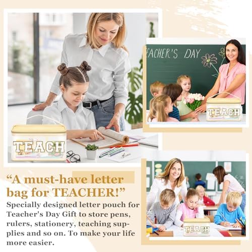 Teacher Appreciation Gifts Chenille Letter Clear Makeup Bag TEACH Pouch, Preppy Patch Makeup Bag Zipper with Handle Nylon Travel Cosmetic Bag Graduation Retirement Teacher Gifts for Women(TEACH-Beige) - Image 5