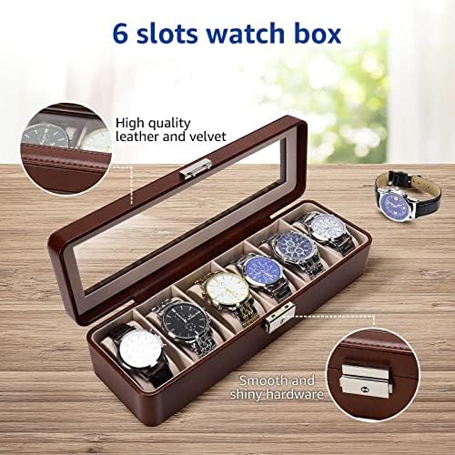 Watch Box for Men, 6 Slot PU Leather Watch Organizer with Glass Lid and Lock, Display Storage Case for Watches, Bracelets & Jewelry, Brown Gift Case Brown - Image 2