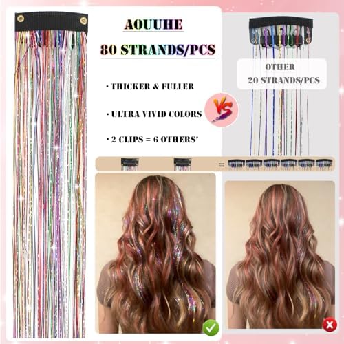 Hair Tinsel Kit 18 Pcs Hair Tinsel Clip in Fuller Sparkle, Heat Resistant Clip in Glitter Tinsel Hair Extensions Fairy Silver Hair Accessories for Women Girls Daily Party Festival (Silver) - Image 4